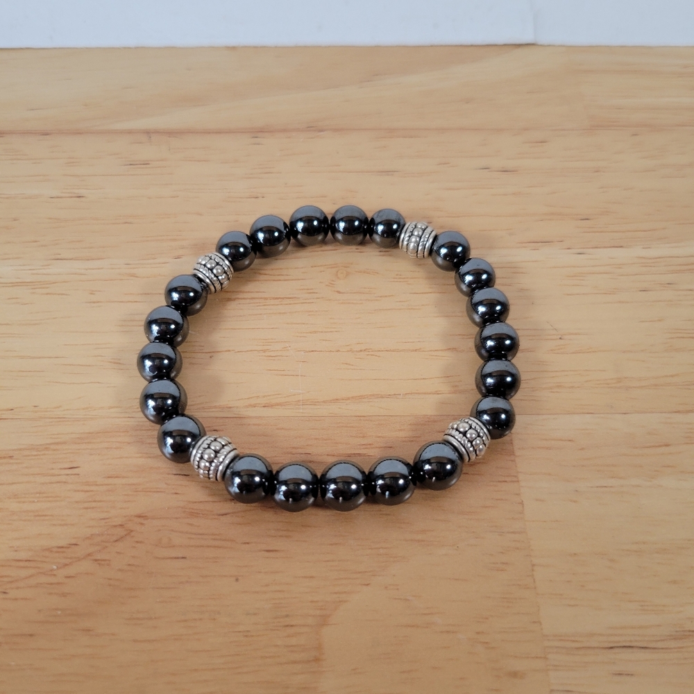 Stretch Bracelet Hematite Black Beaded Bracelet with Silver Accents
